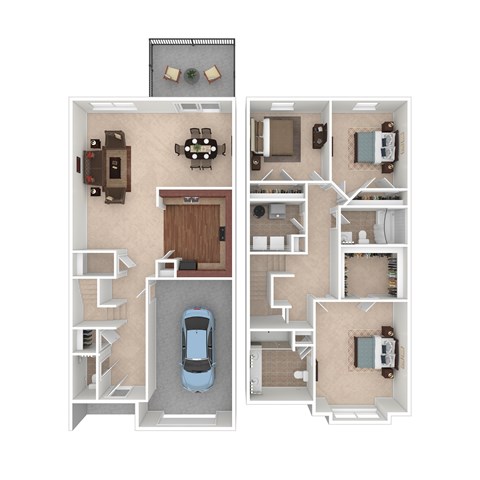 A blue car is parked in the garage of a house.